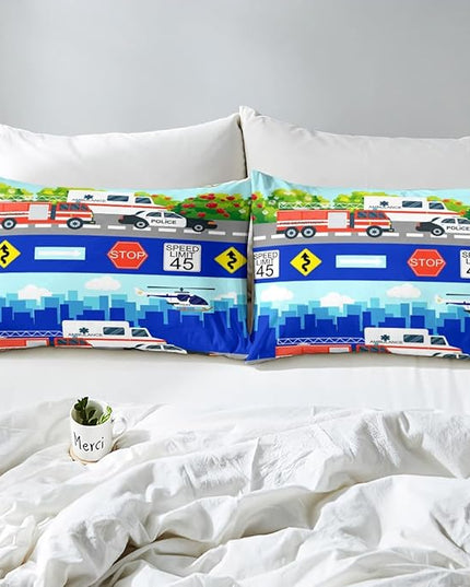 Kids Fire Trucks Car Comforter Set Twin Size Cartoon Police Car Down Comforter Airplane Ambulance Rescue Vehicles Beding Set Boys Girls Car Room Decor Soft Lightweight Duvet Set, Colorful Comforter - LeafyLoom