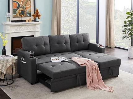 Reversible L-Shaped Sectional Sofa with Storage Chaise, Linen Convertible Pull Out Sleeper Couch Bed w/Cup Holder, USB Charging Port, Side Pocket, Dark Gray, 83 - LeafyLoom