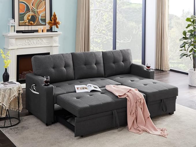 83 Inch Convertible L Shaped Sleeper Sectional Sofa Linen with Storage Chaise, Pull Out Bed, Cup Holder, USB Charging Port, Side Pocket, Reversible Corner Couch Design, 83inch, Black - LeafyLoom