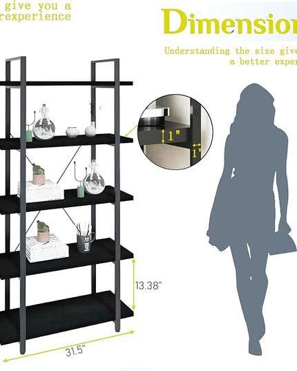 Tall Bookshelf with Large Storage,5 Tier Bookcase in Bedroom,Living Room and Office,Modern Wide Bookcase Shelf for Storing Books/Plants,Black - LeafyLoom