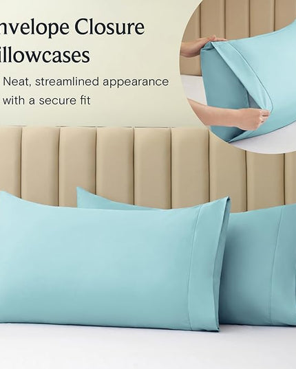 LuxClub 7 PC Split King Sheet Set, Breathable Luxury Bed Sheets, Deep Pockets 18" Eco Friendly Wrinkle Free Cooling Sheets Machine Washable Hotel Bedding Silky Soft - Aqua Split King - LeafyLoom