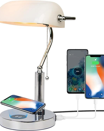 FIRVRE Bankers Lamp, White Glass Desk Lamp with Wireless Charger and 2USB Charging Port,Pull Chain Switch Lamp with Metal Base,Modern Reading Table lamp for Home Office, Piano, Library - LeafyLoom