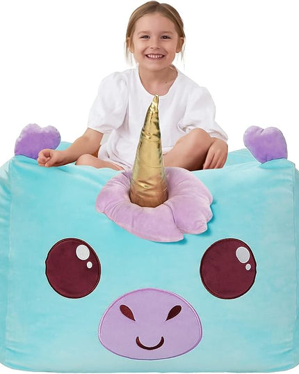 Aubliss Unicorn Stuffed Animal Storage Bean Bag Chair for Kids, Velvet Extra Soft Beanbag Chairs Cover, X-Large Stuffable Zipper Bean Bag for Organizing Plush Toys Girls Bedroom Decor, Cyan - LeafyLoom