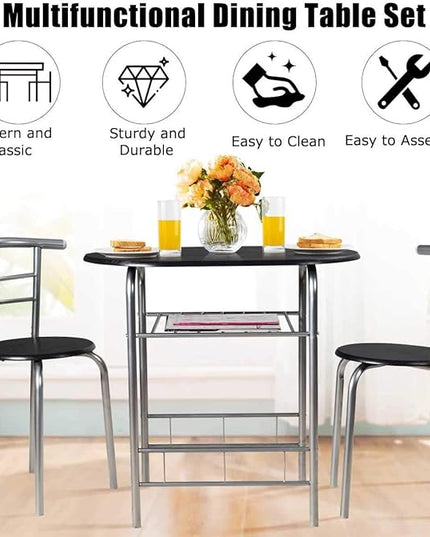 FANTASK 3 Pieces Dining Set, Breakfast Table Set w/Metal Frame and Storage Shelf, Compact Table and 2 Chairs Set for Home Bistro Pub Apartment Kitchen Dining Room Cafe - LeafyLoom