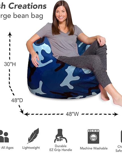 Posh Creations Bean Bag Chair for Kids, Teens, and Adults Includes Removable and Machine Washable Cover, Soft Nylon - Camo Blue and Light Blue, 48in - X-Large - LeafyLoom