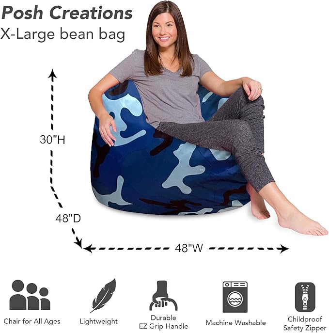Posh Creations Bean Bag Chair for Kids, Teens, and Adults Includes Removable and Machine Washable Cover, Soft Nylon - Camo Blue and Light Blue, 48in - X-Large - LeafyLoom