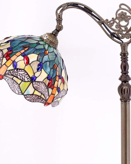 WERFACTORY Tiffany Floor Lamp Sea Blue Yellow Stained Glass Dragonfly Arch Lamp 12X18X64 Inch Gooseneck Adjustable Corner Stand Reading Light Decor Bedroom Living Room S128 Series - LeafyLoom