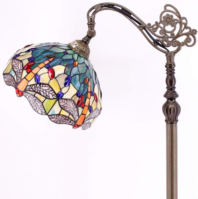 WERFACTORY Tiffany Floor Lamp Sea Blue Yellow Stained Glass Dragonfly Arch Lamp 12X18X64 Inch Gooseneck Adjustable Corner Stand Reading Light Decor Bedroom Living Room S128 Series - LeafyLoom
