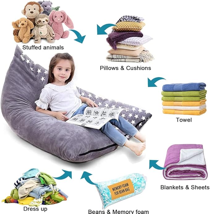 Stuffed Animal Storage Bean Bag Chair Cover, Plush Toys Organizer, Animals Doll Holder, Extra Large Lounger Designed with Handle and Zipper Super Soft for Kids and Teans -Stars Style - LeafyLoom