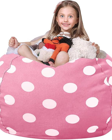 Wekapo Stuffed Animal Storage Bean Bag Chair Cover for Kids | Stuffable Zipper Beanbag for Organizing Children Plush Toys Large Premium Cotton Canvas (Pink Dot, XX-Large) - LeafyLoom