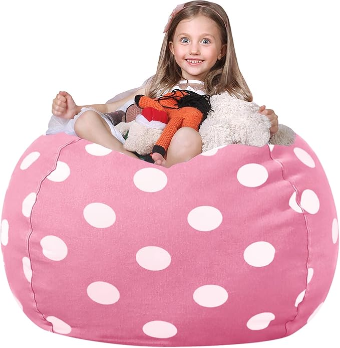 Wekapo Stuffed Animal Storage Bean Bag Chair Cover for Kids | Stuffable Zipper Beanbag for Organizing Children Plush Toys Large Premium Cotton Canvas (Pink Dot, XX-Large) - LeafyLoom