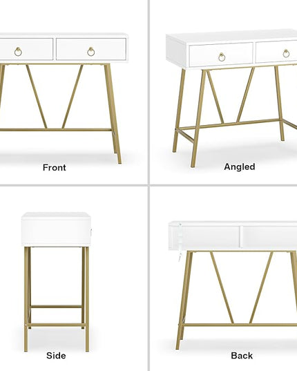 Anmytek Modern Home Office Desk, 35.4 Inch Makeup Vanity Table White Study Desk 2 Drawers Writing Desk Computer Desk with Golden Legs, D0002 - LeafyLoom