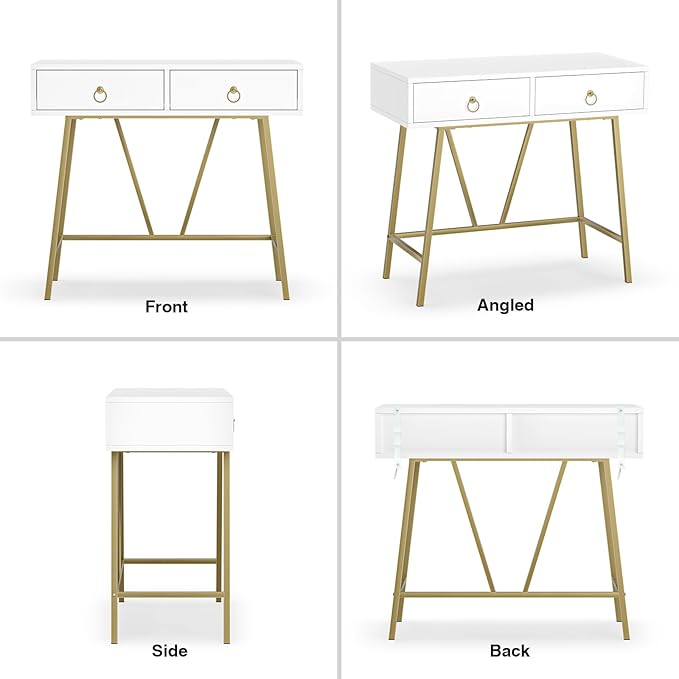 Anmytek Modern Home Office Desk, 35.4 Inch Makeup Vanity Table White Study Desk 2 Drawers Writing Desk Computer Desk with Golden Legs, D0002 - LeafyLoom
