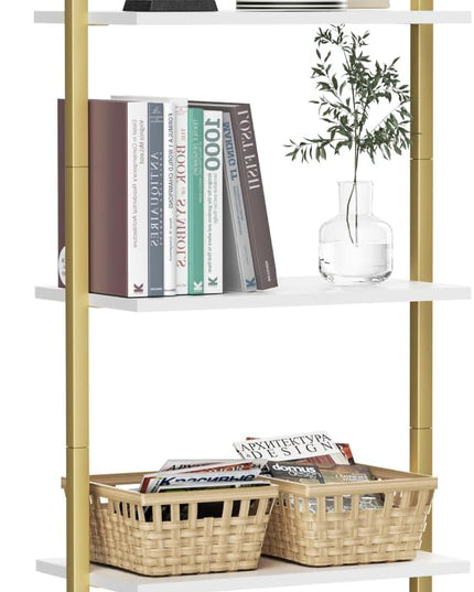 5-Tier Bookshelf Solid Wood Ladder Shelf, Narrow Book shelf Display Shelf, Wooden Ladder Shelf Bookcase, Wall Mount Ladder Shelf, Storage Rack for Living Room, Bedroom, Bathroom, White and Gold - LeafyLoom