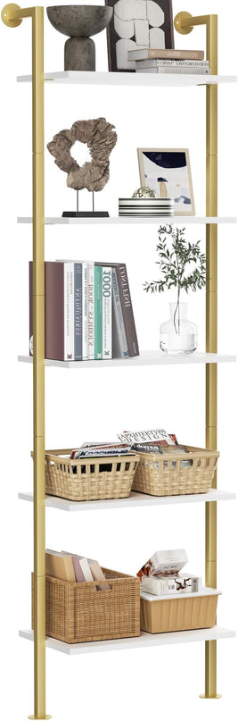 5-Tier Bookshelf Solid Wood Ladder Shelf, Narrow Book shelf Display Shelf, Wooden Ladder Shelf Bookcase, Wall Mount Ladder Shelf, Storage Rack for Living Room, Bedroom, Bathroom, White and Gold - LeafyLoom