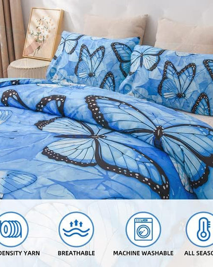 Btargot 3 Piece Blue Butterfly Girls Kids Adults Queen Size Comforter Set, Lightweight Soft All Season Bedding Set with 2 Pillowcases - LeafyLoom