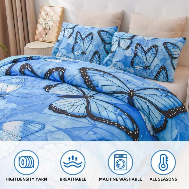 Btargot 3 Piece Blue Butterfly Girls Kids Adults Queen Size Comforter Set, Lightweight Soft All Season Bedding Set with 2 Pillowcases - LeafyLoom
