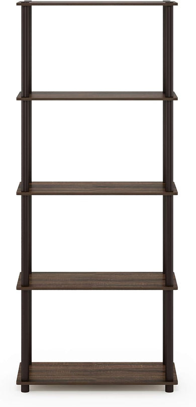 Furinno Turn-N-Tube 5-Tier Multipurpose Shelf / Display Rack / Storage Shelf / Bookshelf, Round Tubes, Walnut/Brown - LeafyLoom