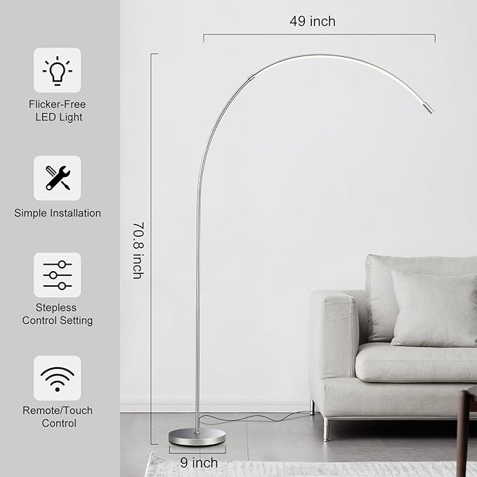 LED Arc Floor Lamp for Living Room,70.8" Tall Modern Standing Lamp with Remote Control,3 Color Temperature & Stepless Dimmable Brightness, Reading Floor Lamp for Bedroom Office Home - LeafyLoom