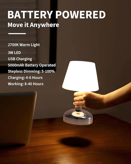 KDG Modern Cordless Small Table Lamps, Portable LED Dimmable Desk Lamp, 5000mAh Rechargeable Battery Operated Lighting for Restaurant, Bedroom, Bedside, Bar, Outdoor, Camping, Night Light(Silver) - LeafyLoom