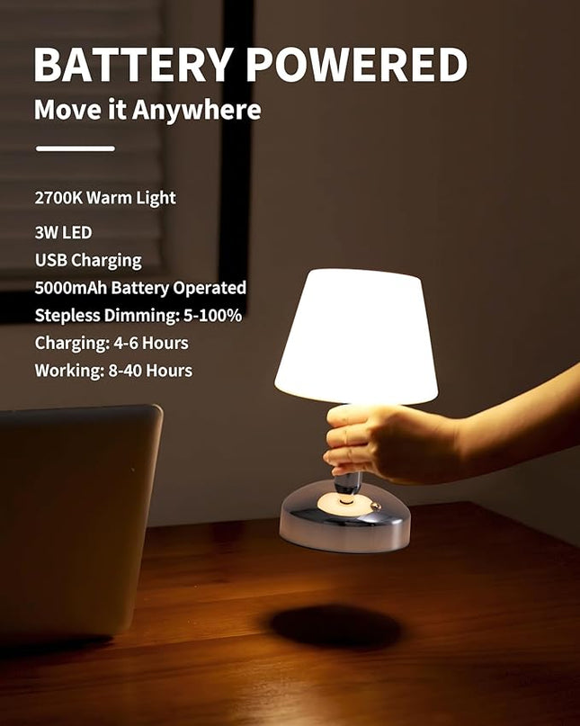 KDG Modern Cordless Small Table Lamps, Portable LED Dimmable Desk Lamp, 5000mAh Rechargeable Battery Operated Lighting for Restaurant, Bedroom, Bedside, Bar, Outdoor, Camping, Night Light(Silver) - LeafyLoom