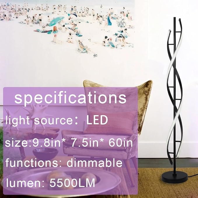 ADISUN 40W LED Remote Control Dimmable Spiral Indoor Tall Floor Lamp for Living Rooms Family Rooms Bedrooms Offices Lighting (Black) - LeafyLoom