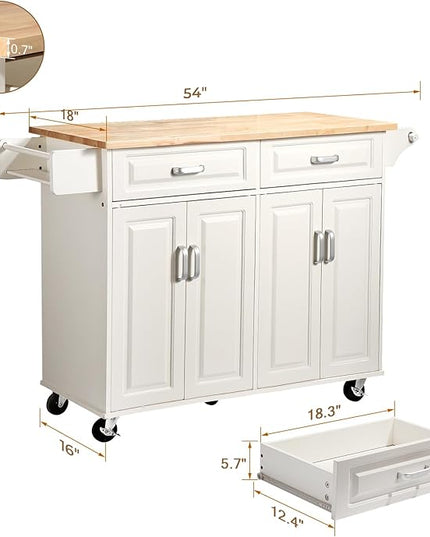 54“ Large Kitchen Island with Storage, Kitchen Cart on Wheels with 2 Large Drawers, Adjustable Shelf Inside Cabinet, Spice Rack & Towel Rack, Simple Design Rolling Island Table for Kitchen - LeafyLoom