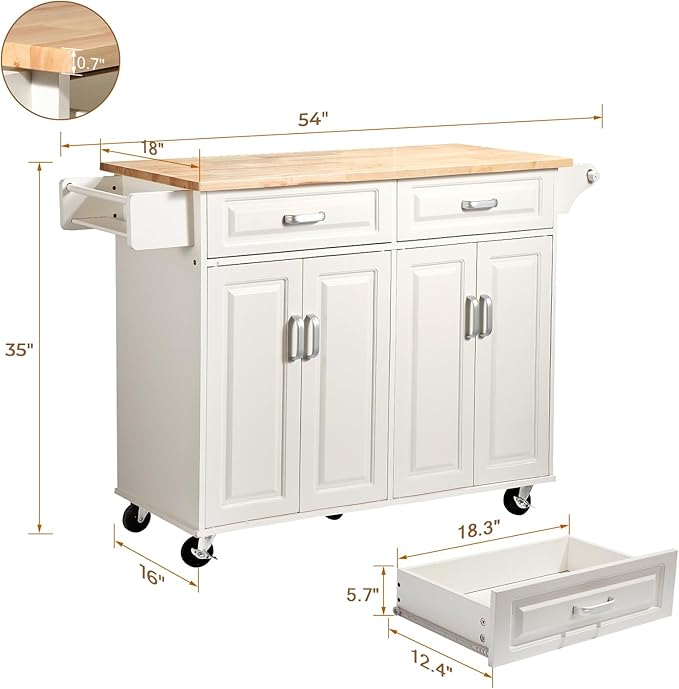 54“ Large Kitchen Island with Storage, Kitchen Cart on Wheels with 2 Large Drawers, Adjustable Shelf Inside Cabinet, Spice Rack & Towel Rack, Simple Design Rolling Island Table for Kitchen - LeafyLoom