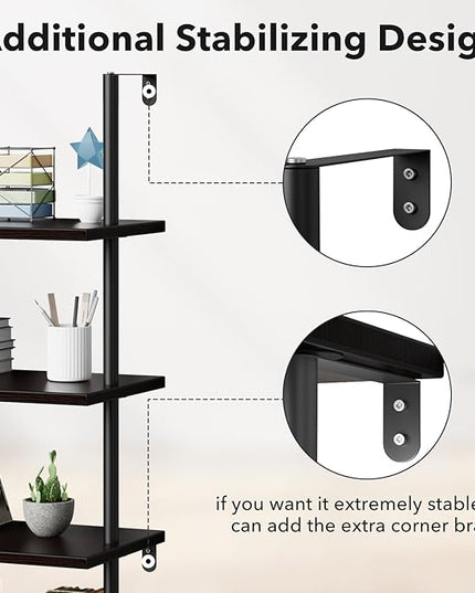 Ladder Shelf Bookcase 5 Tier, Extra Sturdy Modern Bookshelf Wall Mounted, Tall Black Open Book Shelf, Standing Industrial Metal Frame with Wooden Shelves - LeafyLoom
