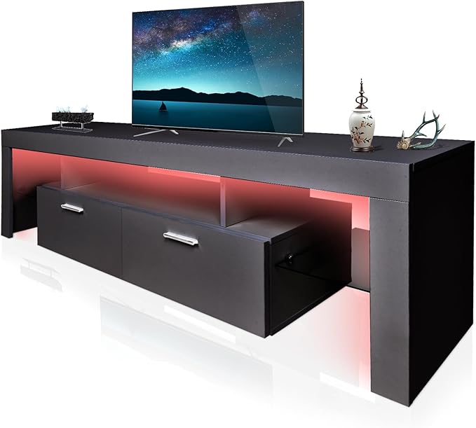 LED TV Stand for Televisions up to 65 inches, Entertainment Center and Media Console with Storage Drawers and Glass Shelves for Living Room, Bedroom - LeafyLoom