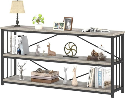 IBF Low Long Horizontal Bookshelf, Industrial Modern 3 Tier Etagere Bookcase, Large Wide Open Rustic Metal and Wood Grey Book Shelf for Bedroom Living Room Home Office Storage, Light Grey Oak, 63 Inch - LeafyLoom
