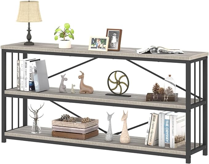 IBF Low Long Horizontal Bookshelf, Industrial Modern 3 Tier Etagere Bookcase, Large Wide Open Rustic Metal and Wood Grey Book Shelf for Bedroom Living Room Home Office Storage, Light Grey Oak, 63 Inch - LeafyLoom