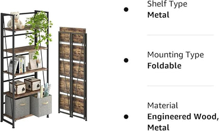 4NM No-Assembly Folding Bookshelf Storage Shelves 5 Tiers Vintage Bookcase Standing Racks Study Organizer Home Office (Rustic Brown and Black) - LeafyLoom
