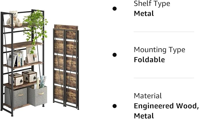 4NM No-Assembly Folding Bookshelf Storage Shelves 5 Tiers Vintage Bookcase Standing Racks Study Organizer Home Office (Rustic Brown and Black) - LeafyLoom