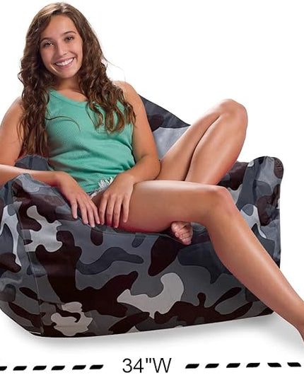 Posh Creations Structured Comfy Bean Bag Chair for Gaming, Reading and Watching TV, Malibu Lounge, Nylon - Camo Dark and Black Gray - LeafyLoom