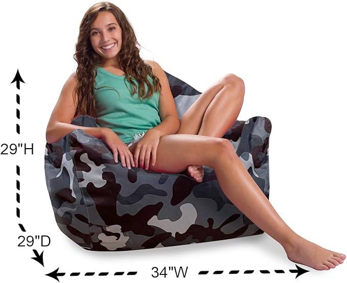 Posh Creations Structured Comfy Bean Bag Chair for Gaming, Reading and Watching TV, Malibu Lounge, Nylon - Camo Dark and Black Gray - LeafyLoom