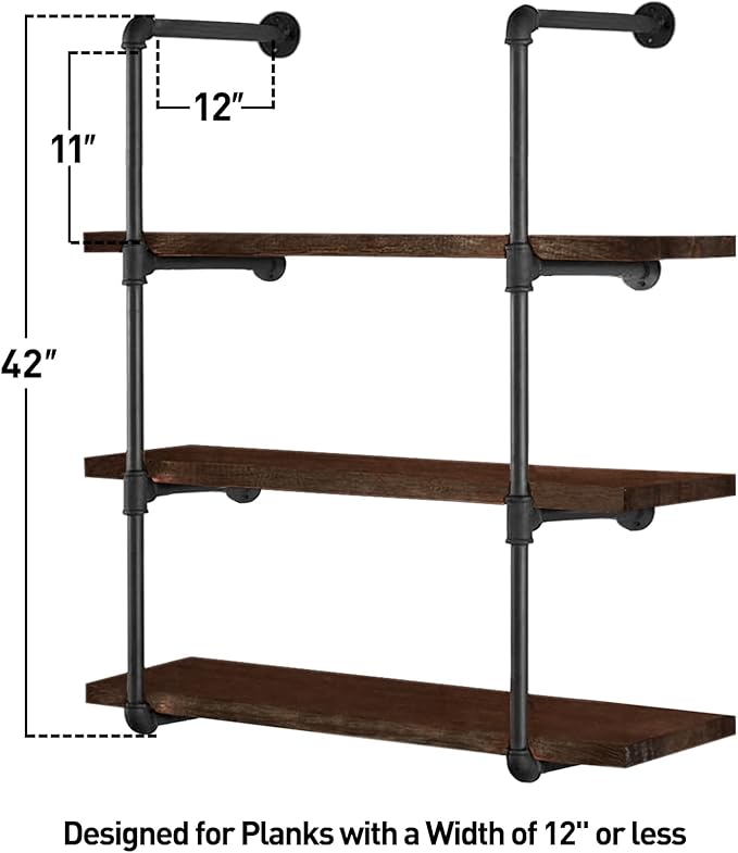 HITOMEN Industrial Iron Pipe Shelves, 2 Set 4-Tier, 42" Tall, 12" Depth, DIY Open Bookshelf Bookcase, Wall Mounted Vintage Retro Shelving, Rustic Farmhouse Pantry Kitchen Storage, Black Shelf Brackets - LeafyLoom