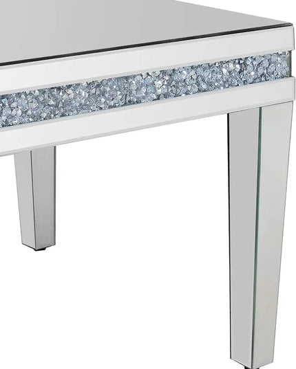 Silver Mirrored Coffee Table, Rectangle Living Room Tables with Crystal Inlay, Gorgeous Modern Mirror Coffee Table Mirrored Furniture for Living Room, Office - LeafyLoom