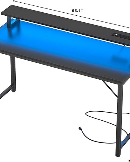 Computer Desk with USB Power Outlets and LED Lights,55 inch Gaming desk with Monitor Stand for Small Space Home Office, Modern Simple Study Writing Table PC Desks, Black - LeafyLoom