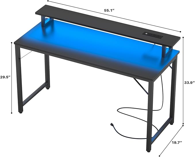 Computer Desk with USB Power Outlets and LED Lights,55 inch Gaming desk with Monitor Stand for Small Space Home Office, Modern Simple Study Writing Table PC Desks, Black - LeafyLoom