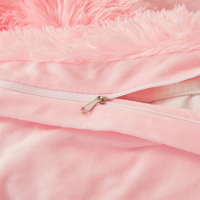 Fluffy Faux Fur Pink Comforter Cover Set Queen - Ultra Soft Plush Pink Bedding Sets 3 Pieces (1 fluffy duvet cover + 2 Faux Fur Pillow case) Cute Pink Bed Set (Light Pink, Queen) - LeafyLoom