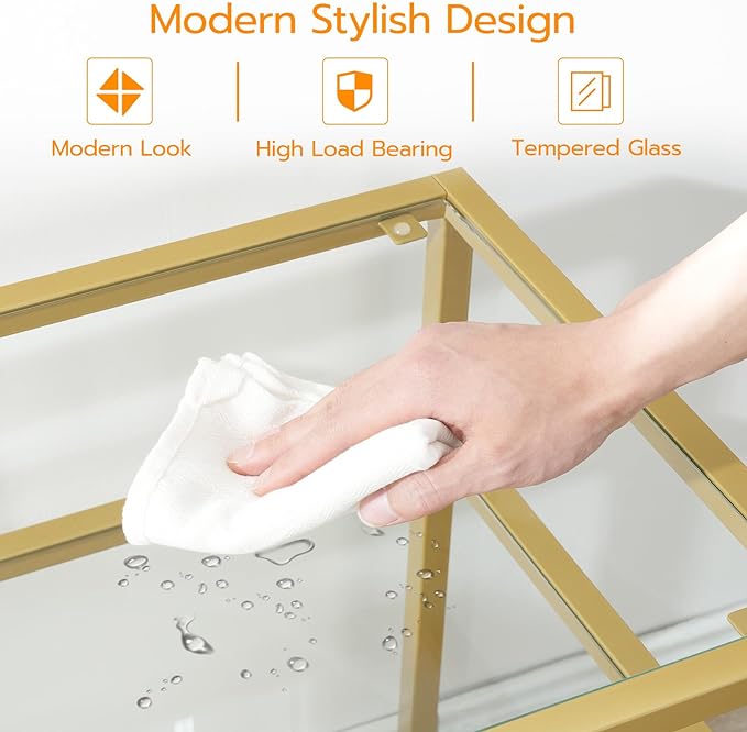 HOOBRO Gold TV Stand, Rectangular LED TV Stand with Power Outlets to 65'', Modern Glass Entertainment Center with Open Shelves, Media TV Console Table for Living Room, Bedroom, Gold GD49UDDS01 - LeafyLoom