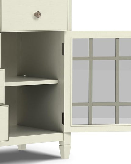 SIMPLIHOME Connaught Low Storage Cabinet, 60 inch, Antique White - LeafyLoom