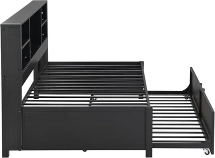 Metal Twin Size Daybed with Twin-Size Trundle, Storage Shelves and USB Ports, BookcaseMetal-Slats Support,No Box Spring Required,for Bedroom/Apartment/Guest-Room,Black - LeafyLoom