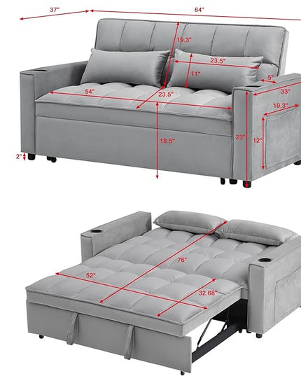 64" Oversized Loveseat Sofa Convertible Spacious Full Size Sleeper Sofabed with Pull Out Couch Bed,Cupholders,USB Charging Ports and Storage Pockets for Home Apartment Office Living Room - LeafyLoom