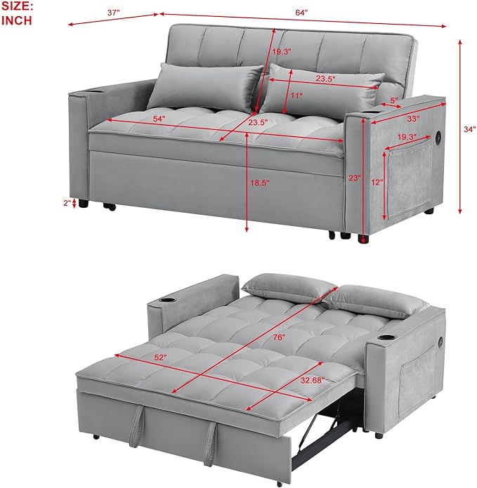 64" Oversized Loveseat Sofa Convertible Spacious Full Size Sleeper Sofabed with Pull Out Couch Bed,Cupholders,USB Charging Ports and Storage Pockets for Home Apartment Office Living Room - LeafyLoom