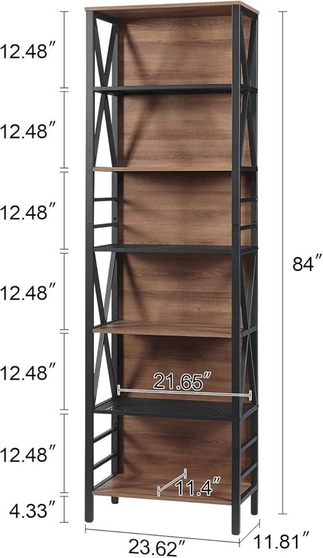 HOMISSUE Bookshelf, 7-Tier Bookshelf, Rustic Wood Metal Bookshelves and Bookcases, Freestanding Open Bookshelf, Industrial Tall Bookcase for Home Office, Living Room and Bedroom, Vintage Brown - LeafyLoom