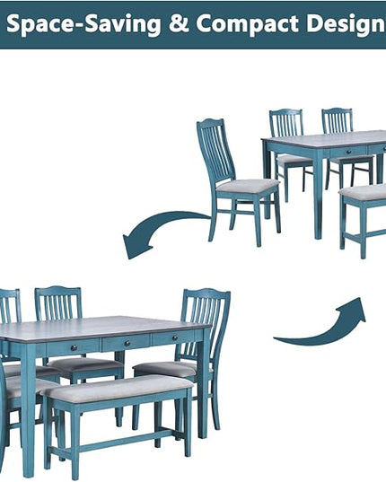 Mid-Century 6-Piece Wood Dining Table Set with Storage Drawer, Upholstered Chairs and Bench, Walnut Tabletop Kitchen Furniture for Living Room, Small Apartments, Antique Blue - LeafyLoom