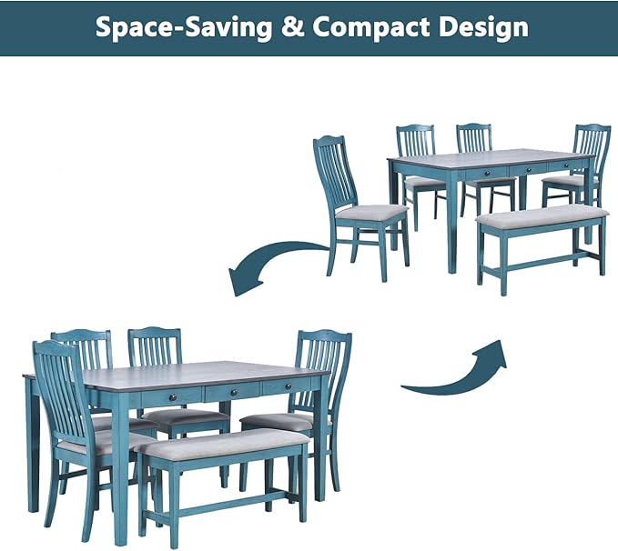 Mid-Century 6-Piece Wood Dining Table Set with Storage Drawer, Upholstered Chairs and Bench, Walnut Tabletop Kitchen Furniture for Living Room, Small Apartments, Antique Blue - LeafyLoom
