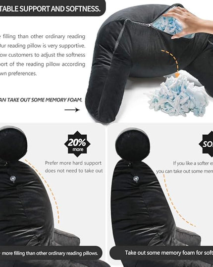 Shredded Foam Reading Pillow with Detachable Neck Roll & Big Bed Backrest Pillow for Bed with Arms and Side Pocket - Perfect for Back Support While Relaxing, Gaming, Reading - LeafyLoom